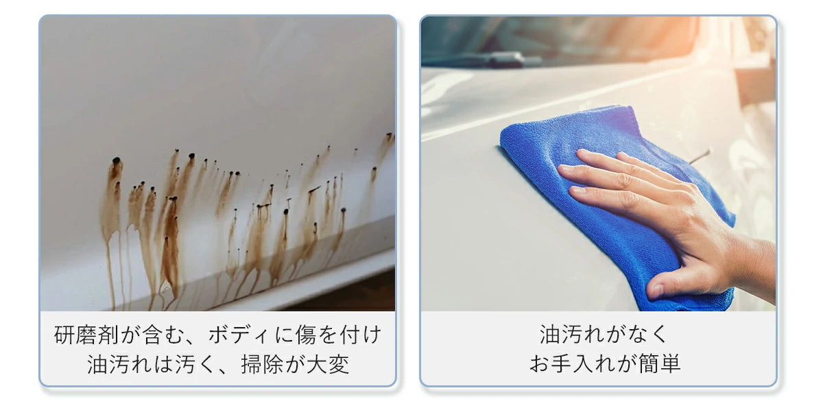 車用 コーティング剤 研磨剤が含む、ボディに傷を付け,油汚れは汚く、掃除が大変。油汚れがなく，お手入れが簡単