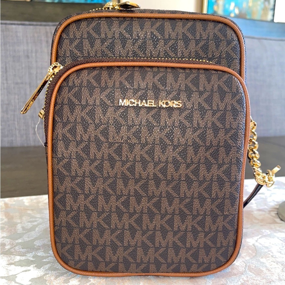 MICHAEL KORS Jet Set Travel Medium Logo Print Brown Gold Crossbody Bag –  Dresses1618Plus