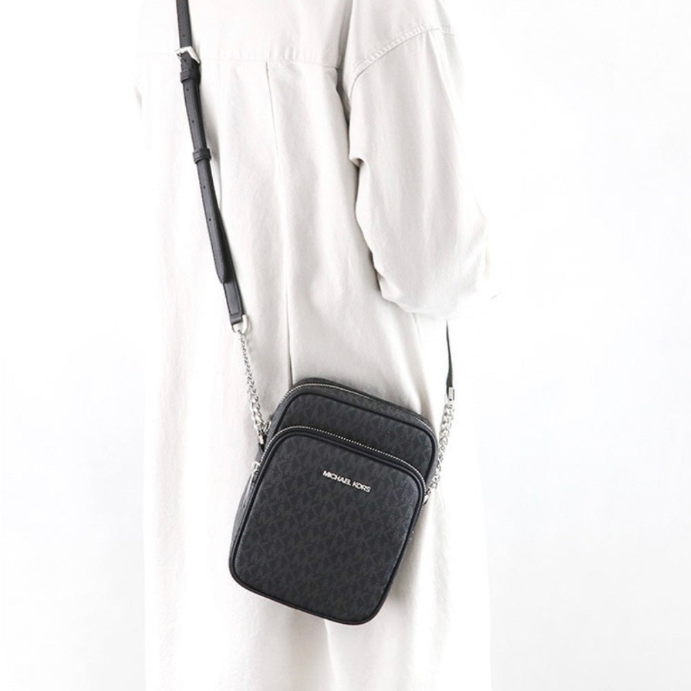 MICHAEL KORS Jet Set Travel Medium Logo Black Silver Crossbody Bag AUT –  Dresses1618Plus