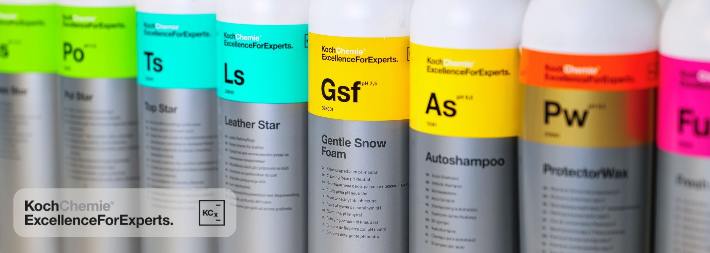 Koch Chemie Cleaning Products Line: left to right, Koch Chemie Green Star,Koch Chemie Pol Star, Koch Chemie TS, Koch Chemie LS Koch Chemie GSF Koch Chemie AS Koch Chemie PW Koch Chemie Fu