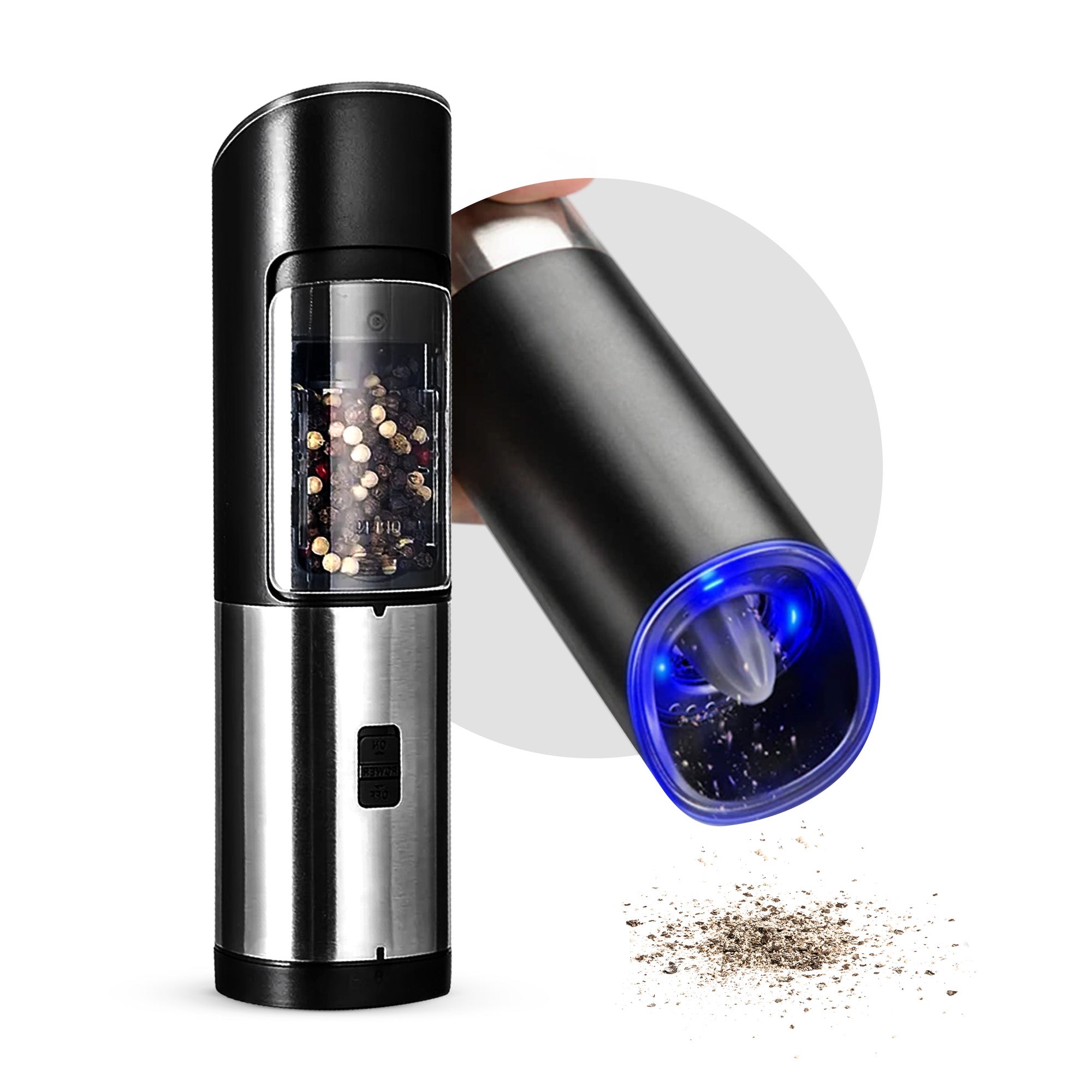 Electric Gravity Rechargeable Black Mill Salt and Pepper Grinder Set with  Blue Light Stand - China Electric Gravity Pepper Grinder and Salt and Pepper  Grinder price