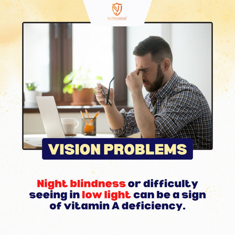 Vision problems, night blindness, difficulty in seeing in low light, dry eyes, lack of vitamin A