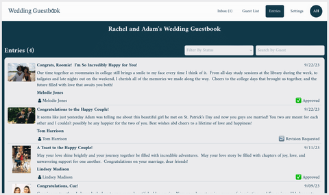 wedding guestbook dashboard entries screenshot