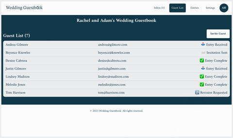 wedding guestbook dashboard guest list screenshot