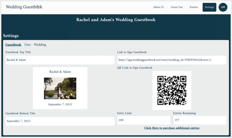wedding guestbook dashboard settings screenshot