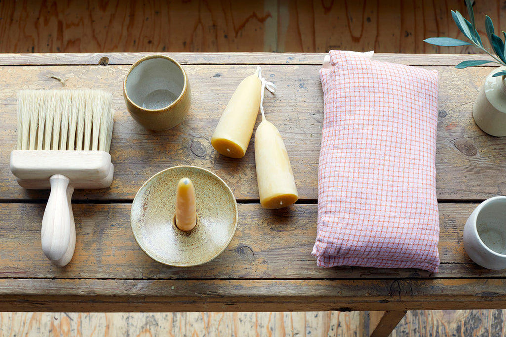 Beeswax candles, handmade brushes, ceramics and linen therapy pillows at the Land Tales pop up shop