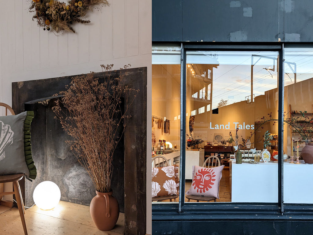 Exterior and fireplace views of the Land Tales pop up shop in Leyton