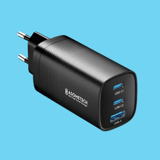 ASOMETECH 65W 3-Port GaN Fast Charging Socket - USB A / Type C Power Delivery PD Phone Charger Plug