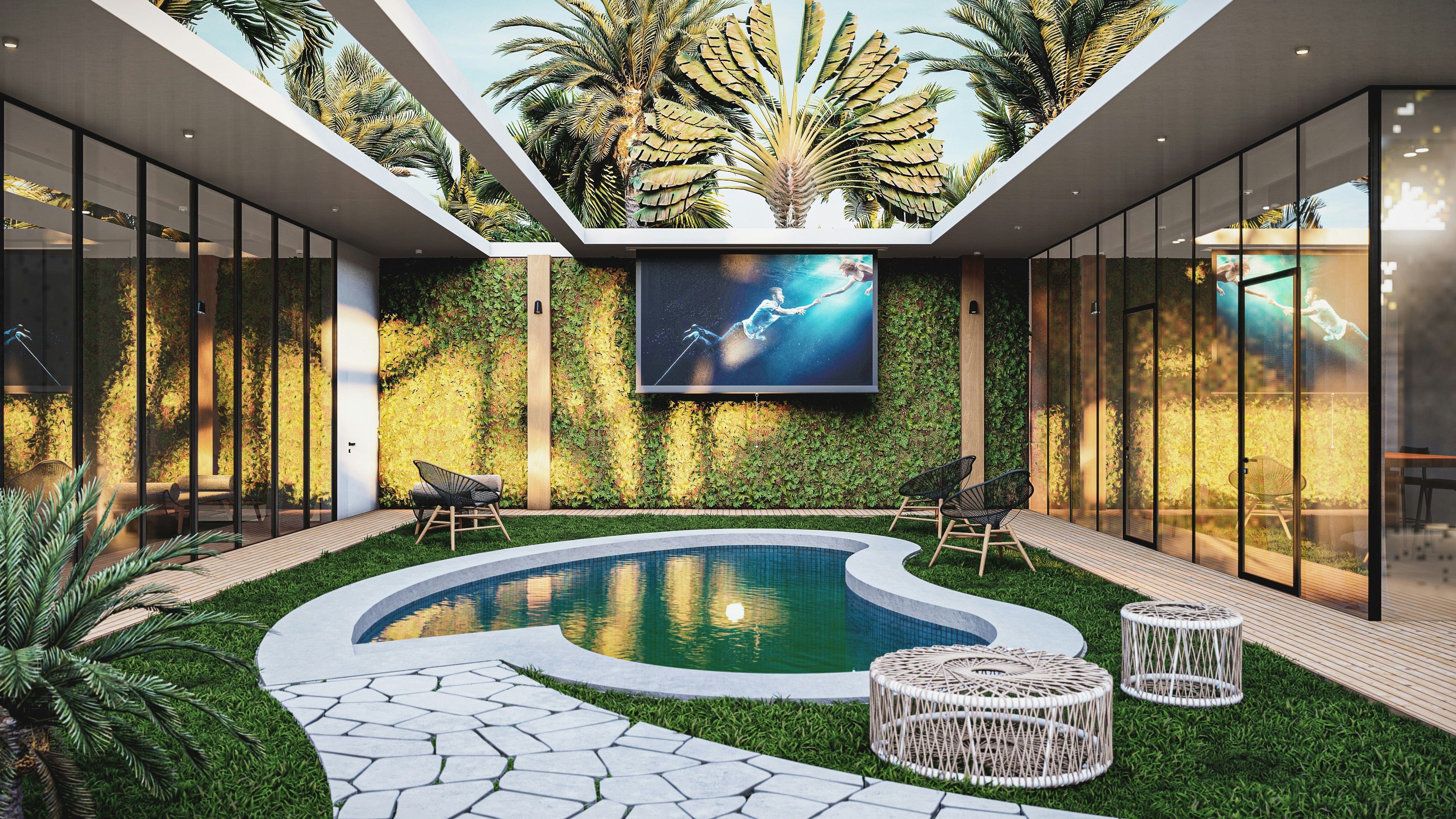 backyard with outdoor tv and pool.
