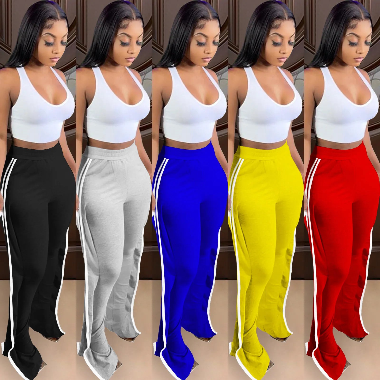 Side Striped Ruffle Casual Bodycon Sweat Pants Womens Joggers Elastic High Waist Trousers Women Pants Female Summer Ladies Pants