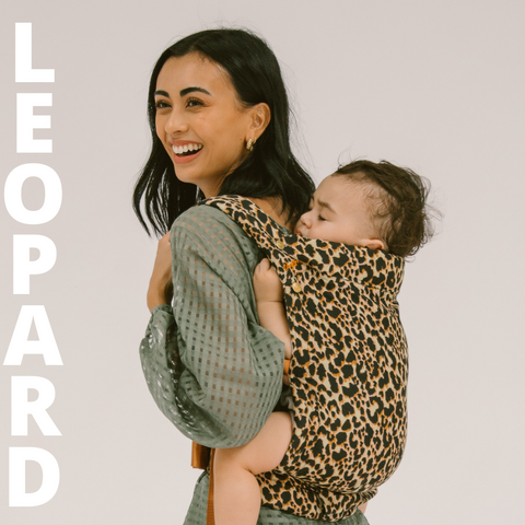 Chekoh's new and fun clip carriers! Bryana wears the Leopard print