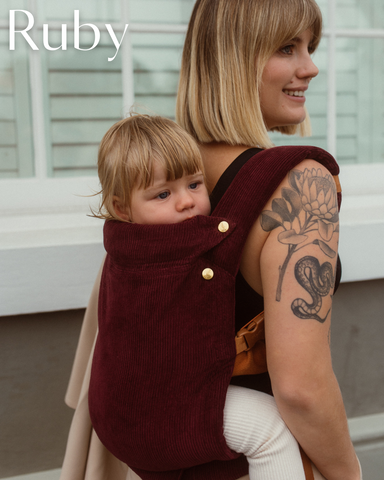 Ruby - a beautiful rich mahogany red made from Corduroy - Australian designed Clip Baby Carrier by Chekoh