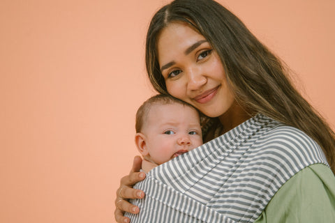 Yvette Dawson - Mama Model wearing the Grey Stripe Wrap by Chekoh 