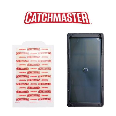 Picture of catchmaster's patterned baited glue board next to one of our standard sized glue trays with logo over top