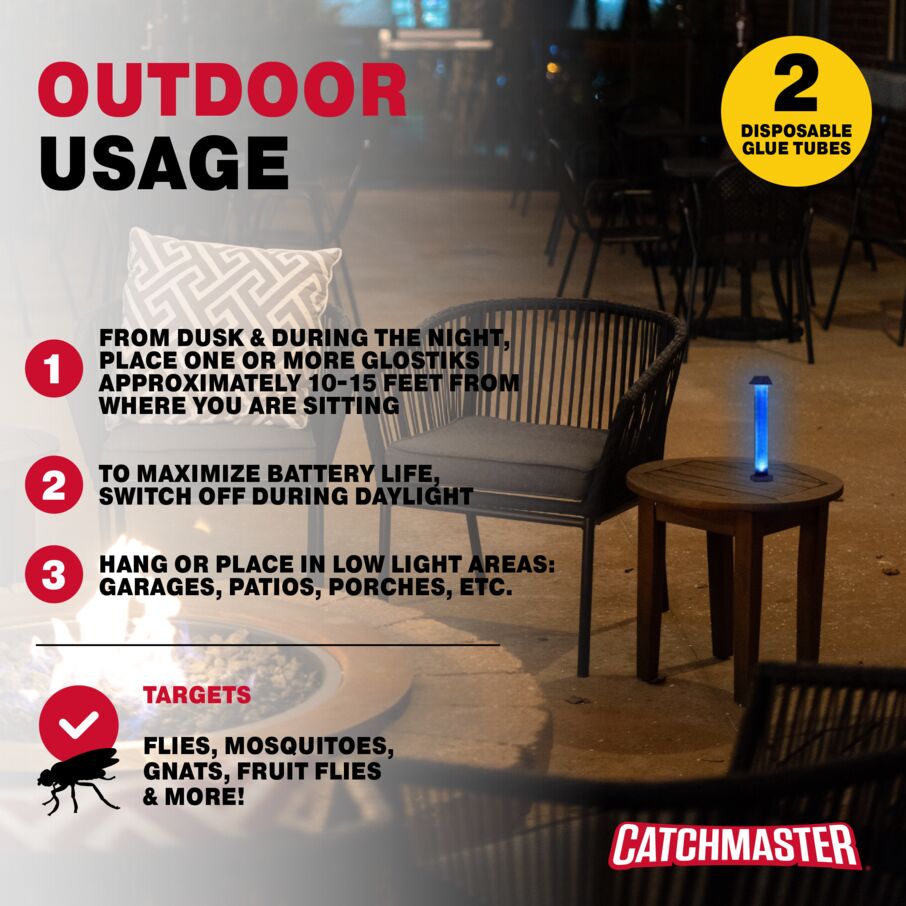 Infographic for using a Catchmaster Glostik Flying Insect Light Trap outdoors.