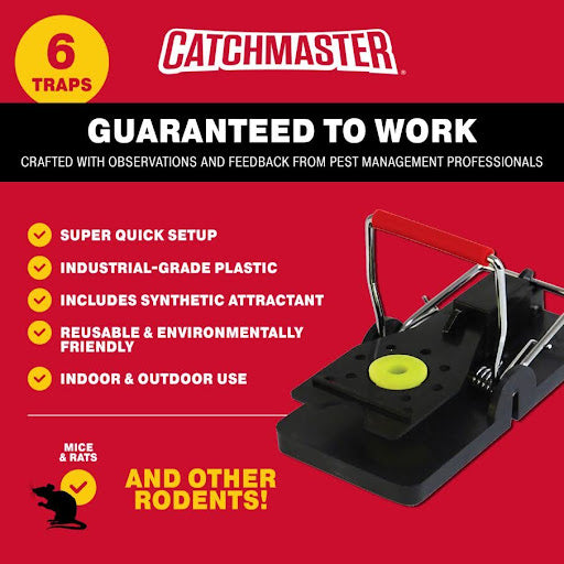 Catchmaster Predator Mouse Snap Trap packaging, highlighting benefits such as super quick setup, industrial-grade plastic, and suitable for indoor and outdoor use.