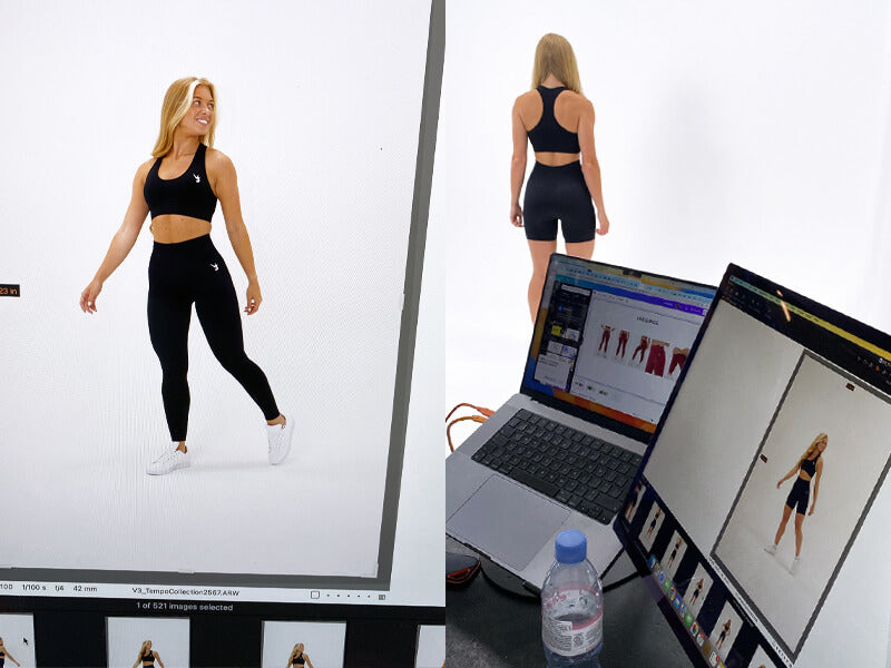 V3 Apparel tempo seamless scrunch workout collection behind the scenes shoot of our new seamless scrunch bum leggings, shorts, sports bra and long sleeve crop top built for running, yoga, gym workouts