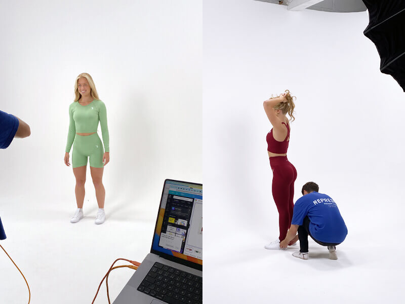 V3 Apparel tempo seamless scrunch workout collection behind the scenes shoot of our new seamless scrunch bum leggings, shorts, sports bra and long sleeve crop top built for running, yoga, gym workouts
