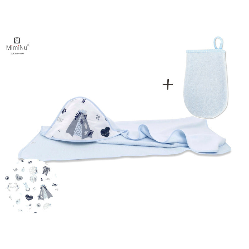 Set prosop mare cu gluga, MimiNu, Dimensiune 100x100 cm + Manusa de baie bebelusi, 12x21 cm, Materiale certificate Oeko Tex Standard 100, Baby Shower Blue