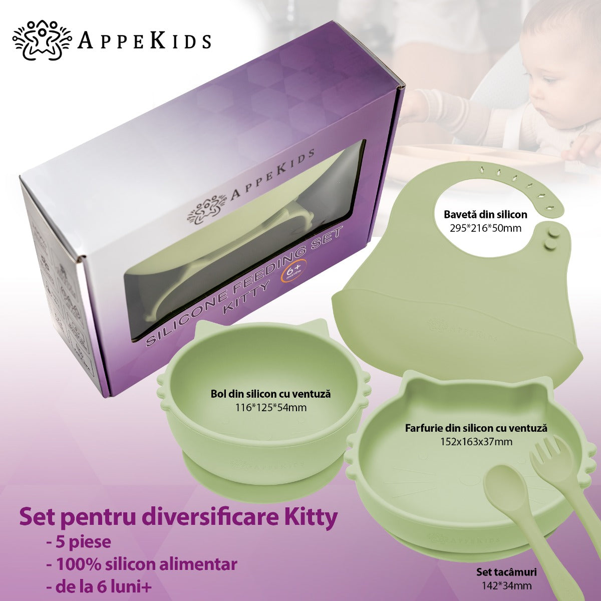 Set Diversificare, AppeKids, 100% Silicon, Kitty - Raw Green - 1 | YEO