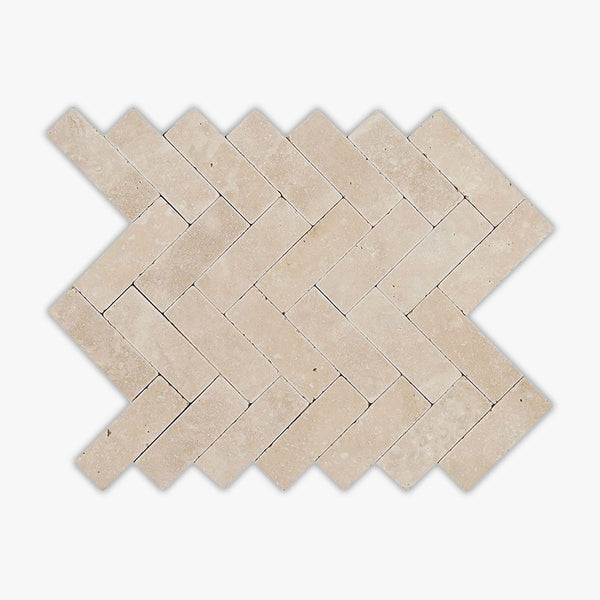 Ivory Tumbled 1x3 Herringbone Travertine Mosaic