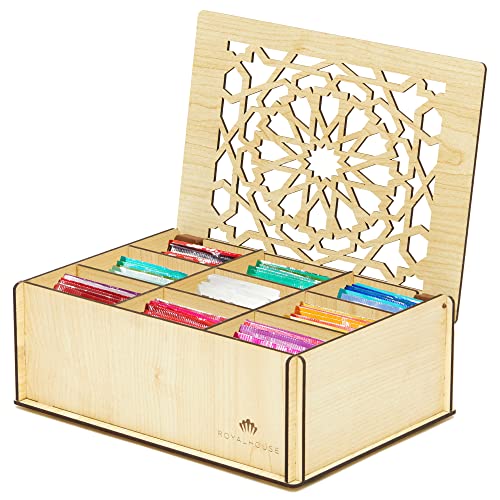 RoyalHouse Big Natural Bamboo Tea Box Storage Organizer 8 Compartments