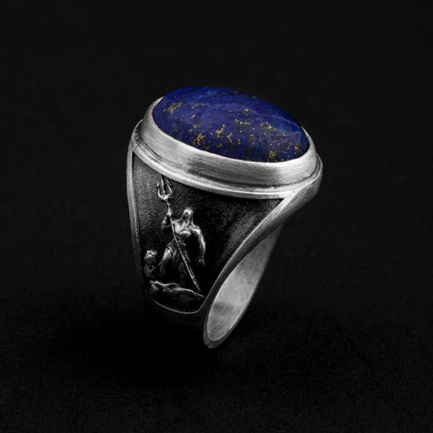 sterling silver poseidon lapis lazuli ring, handmade, god of ocean,  mythology