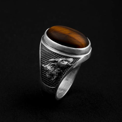 Men Wolf Tiger Eye Gemstone Ring