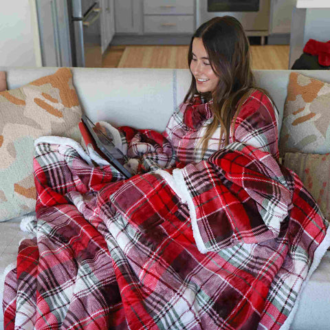 Tirrinia Plaid Red Sherpa Oversize Hoodie Blanket for Women