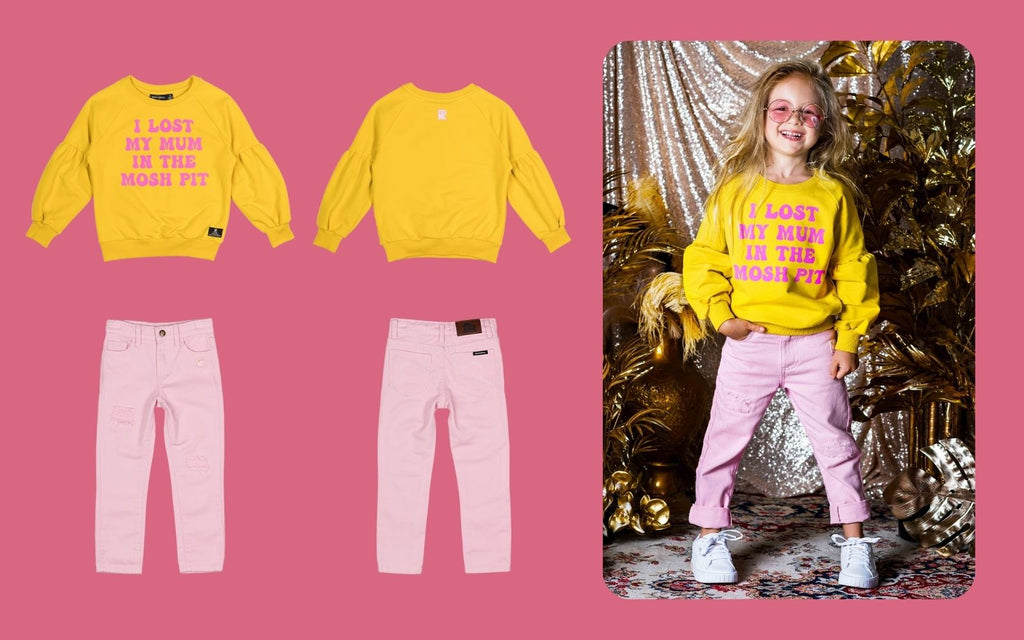 Pale Pink Ripped Jeans & Yellow Mosh Pit Sweatshirt. Rock Your Baby a Cherrie Baby exclusive