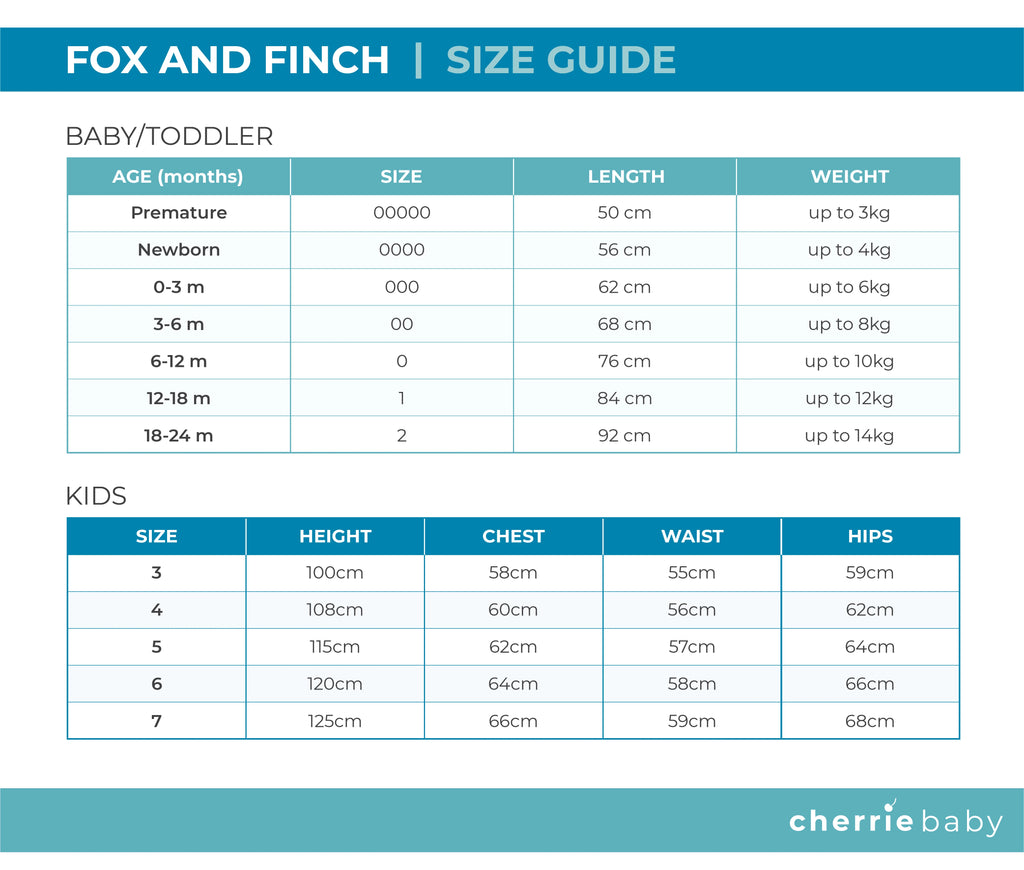Fox & Finch size guide