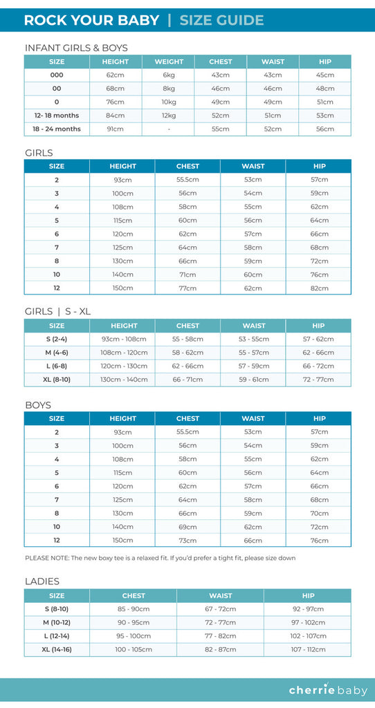 Rock Your Baby size chart