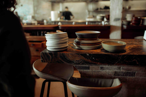 Stacks of Lil Ceramics sample bowls and plates for Amano, Britomart