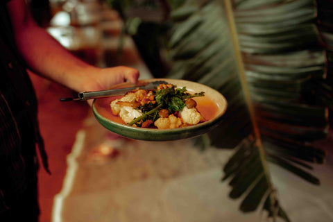 Hallertau, Riverhead waiter carries Lil Ceramics plate with beautiful seasonal dish