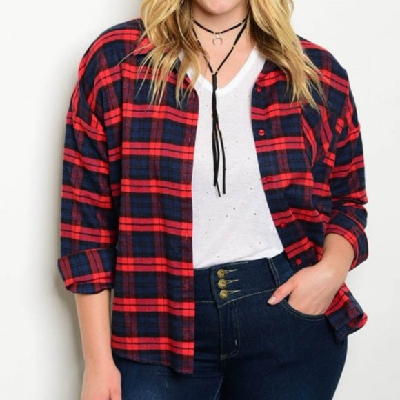 Plus Size Navy Red Plaid Top