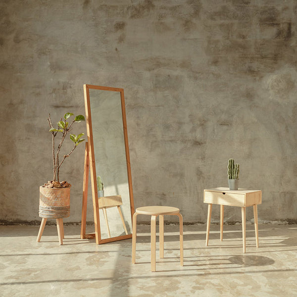 Standing mirror reflecting rustic room with wooden furniture and plants