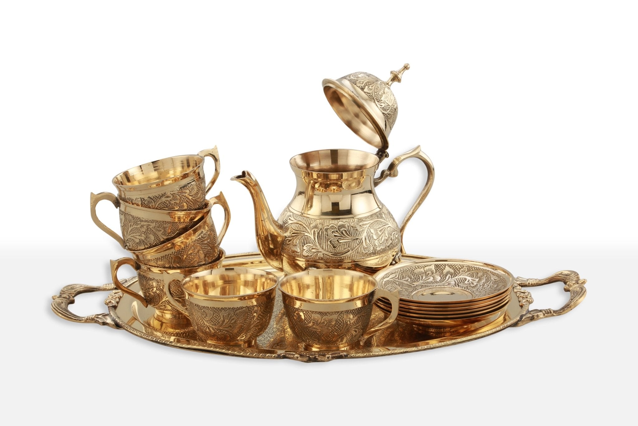 14 Pieces Brass Etched Tea Kettle Set