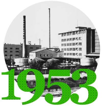 black-and-white image of factory in 1953
