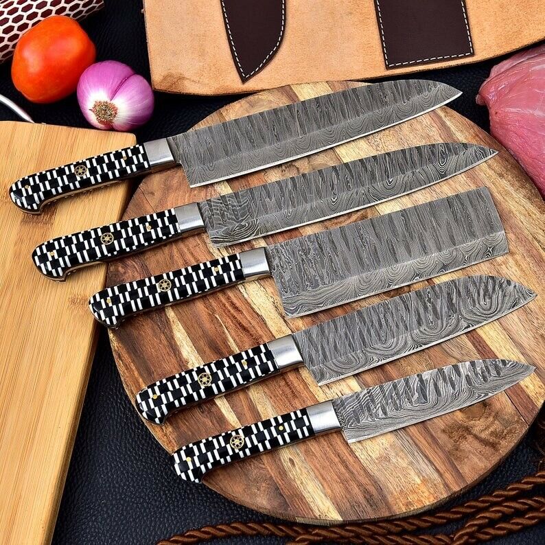 Handmade Chef Set, Damascus Steel 5pcs Chef Knife Set With Leather Sheath, Kitchen  Knives Japanese Knife Set, Best Anniversary Gift for Him 