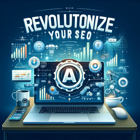 The image features a sleek, modern design with blue, white, and green colors. It includes visuals like graphs, a computer screen, and AI/SEO icons. Prominent text displays 'Revolutionize Your SEO' with a smaller subtitle 'Semrush AI Tools Enhance Content and Rankings'.