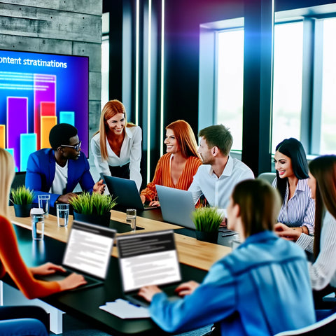 The image depicts a vibrant and collaborative office setting where a diverse group of professionals is engaged around a conference table. They are interacting enthusiastically with a female leader who is gesturing towards a large presentation screen displaying colorful bar graphs and data, likely discussing AI tips and tricks. The room is brightly lit with natural light streaming in through large windows, creating an energetic atmosphere conducive to learning and sharing innovative ideas in technology.