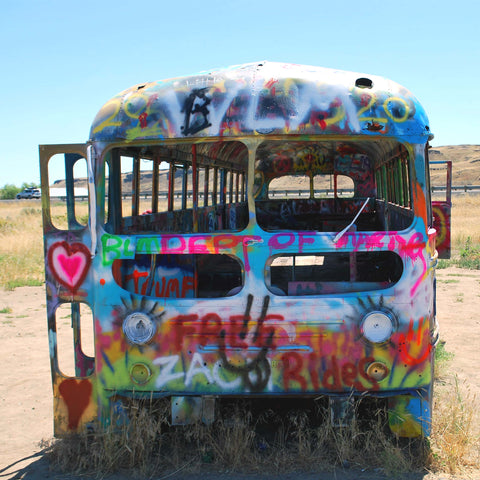 Front of 1950s Abandon School Bus with Graffiti 