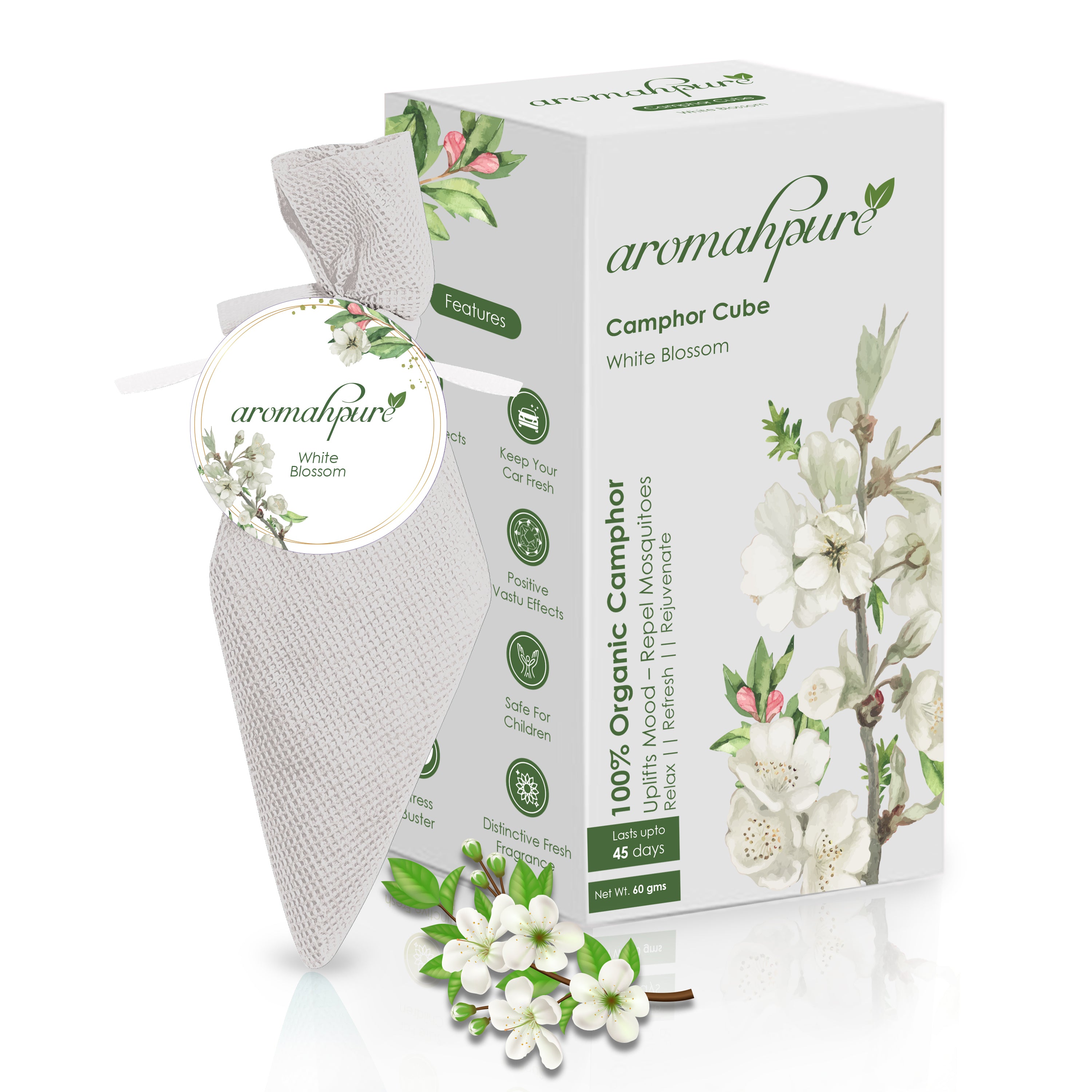 Buy Organic Camphor Cube Air Freshener Online at Aromahpure (White Blossom  + Bhimseni)