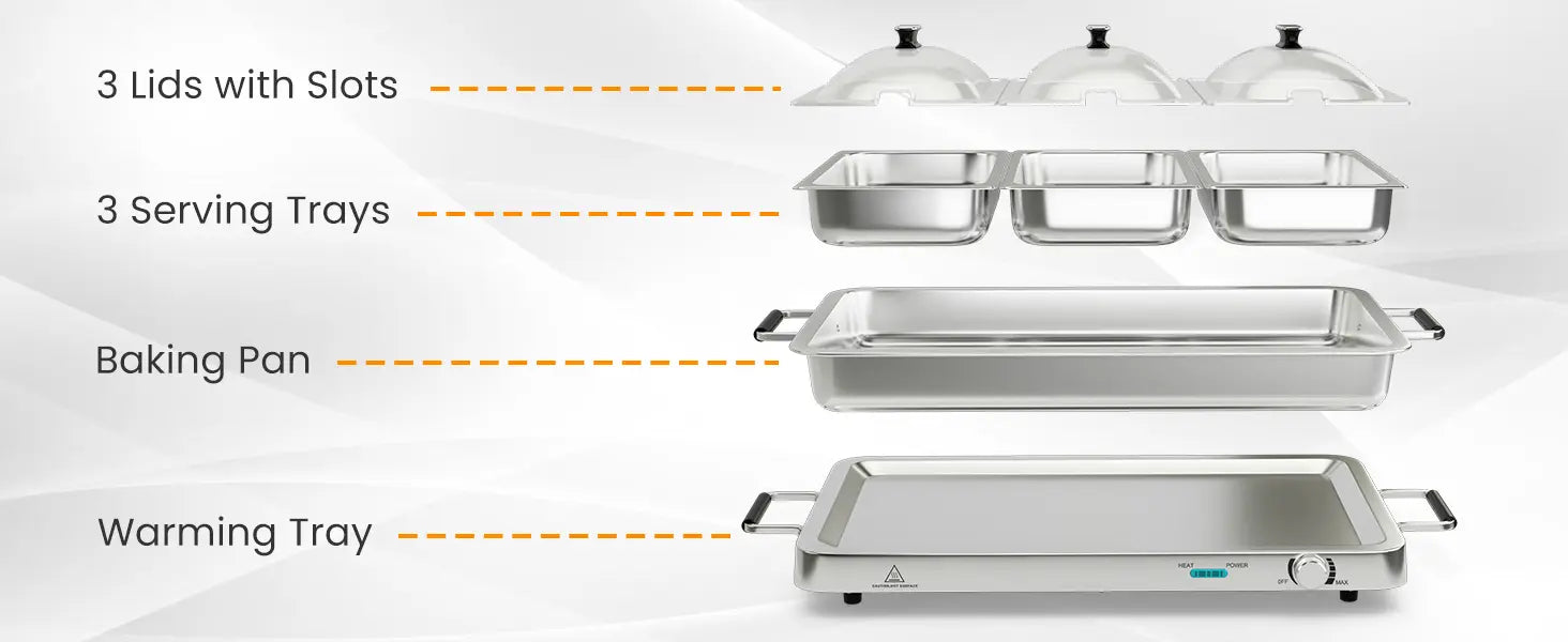 2-in-1 Electric Warming Tray with Temperature Control, 8 Quart Food Warmer with Stainless Steel Trays for Buffet and Parties