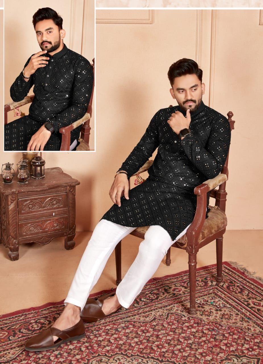 Black Cotton Mens Kurta Lucknawi Chikankari Handmade - TheChikanLabel |  Lucknow Chikankari Kurtis & Suits