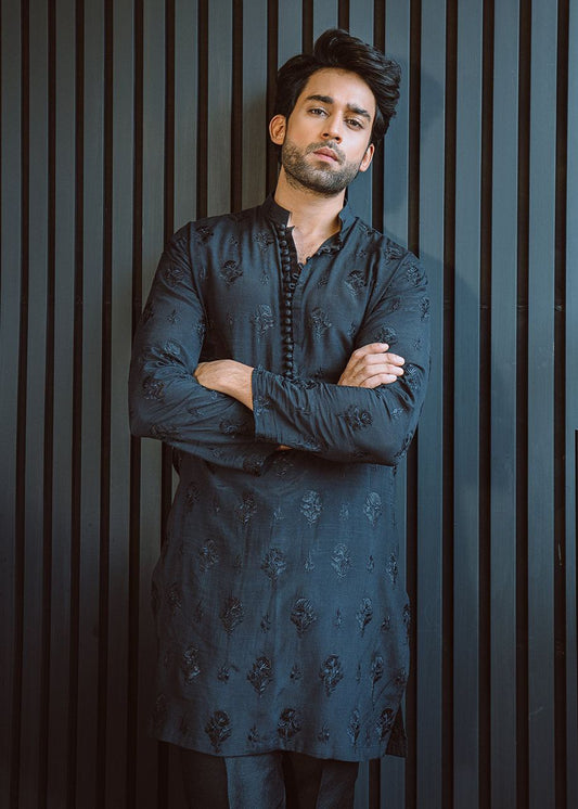 Black Woven Design Premium Cotton Half Sleeve Kurta for Men Online Color  Black SizeKurta 40