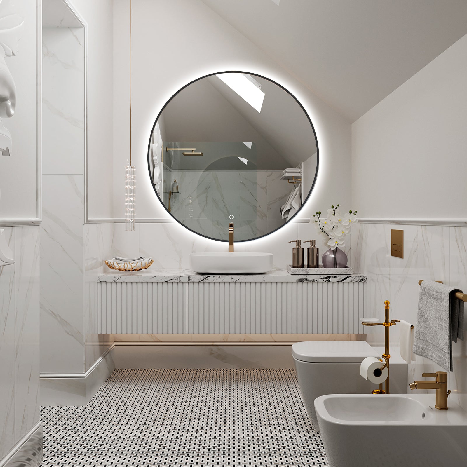 Black Framed Defogging Touch Screen Large Round Led Wall Bathroom Mirror With Light