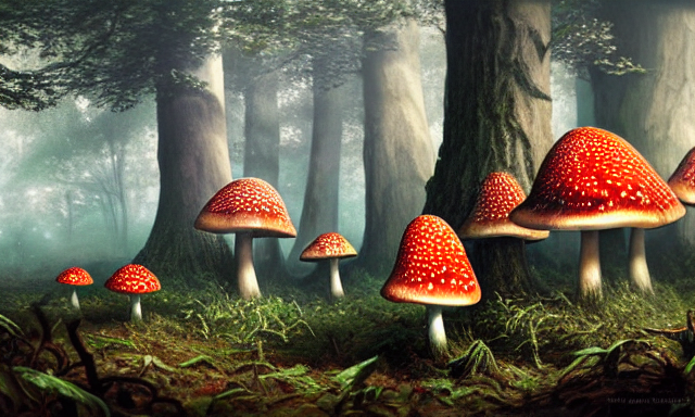 a cluster of amanita muscaria mushrooms in a forest