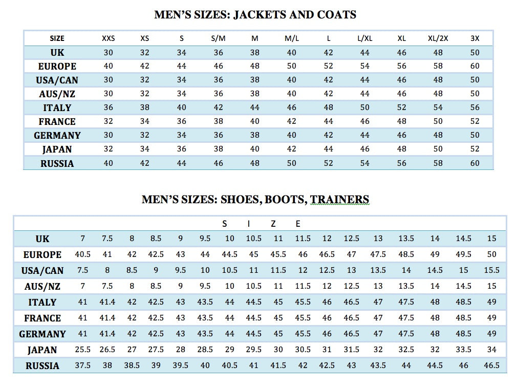 Howard Size Chart Clothing