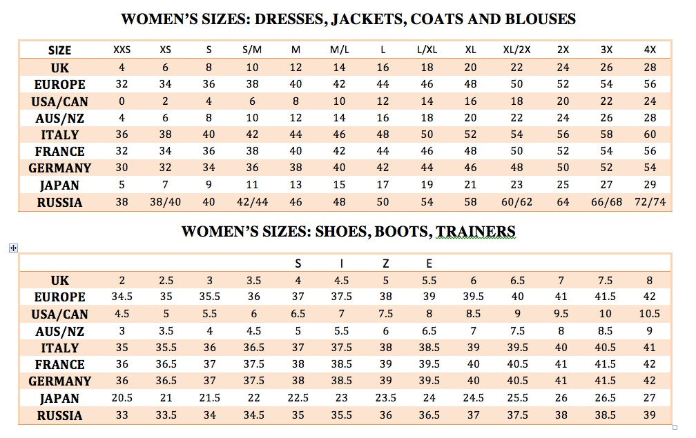 International Size Guide – Whispers Dress Agency